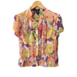 Allison Morgan Sheer Colorful Floral Short Sleeved Button Up Blouse Top Sz S